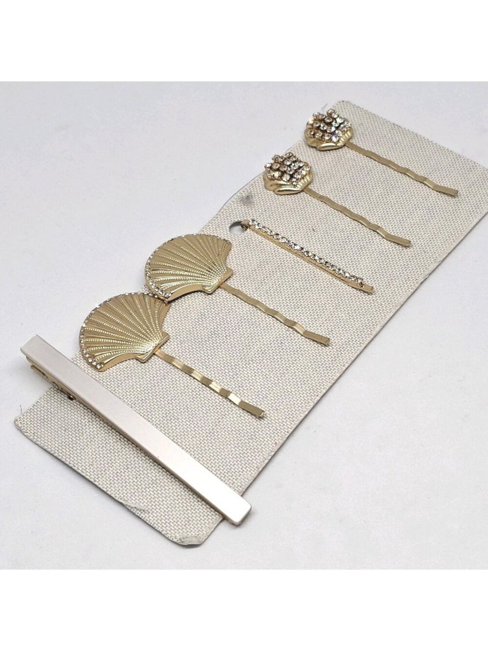 Anthropologie Gold Tone Rhinestone Bobby Pins Hair Clips Set of 6 Shell Bar